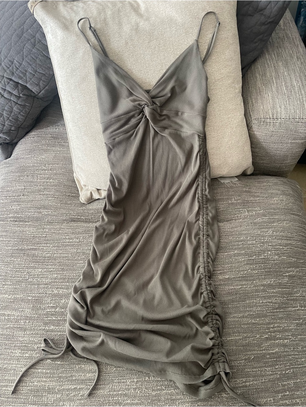 Olive Twist-Front Slip Dress with Side Drawstring